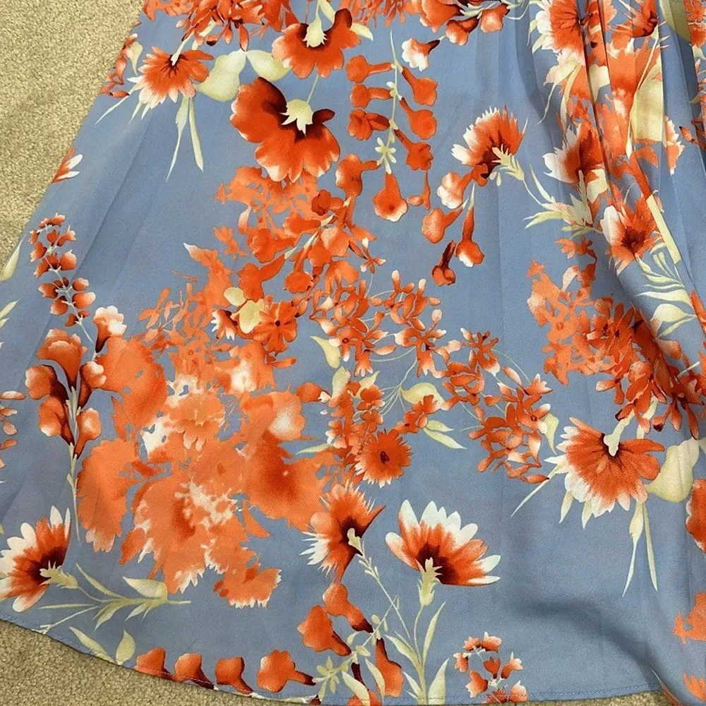 Halogen Floral Blue Pink Lined Spring Pleated Midi Women Skirt Size Small
